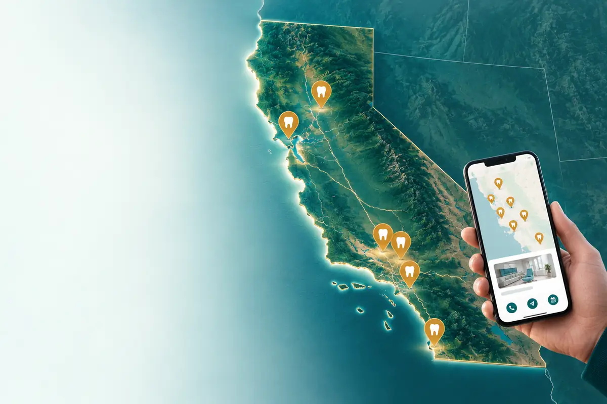 California coast and city with map pins marking dental practices: dental marketing in California