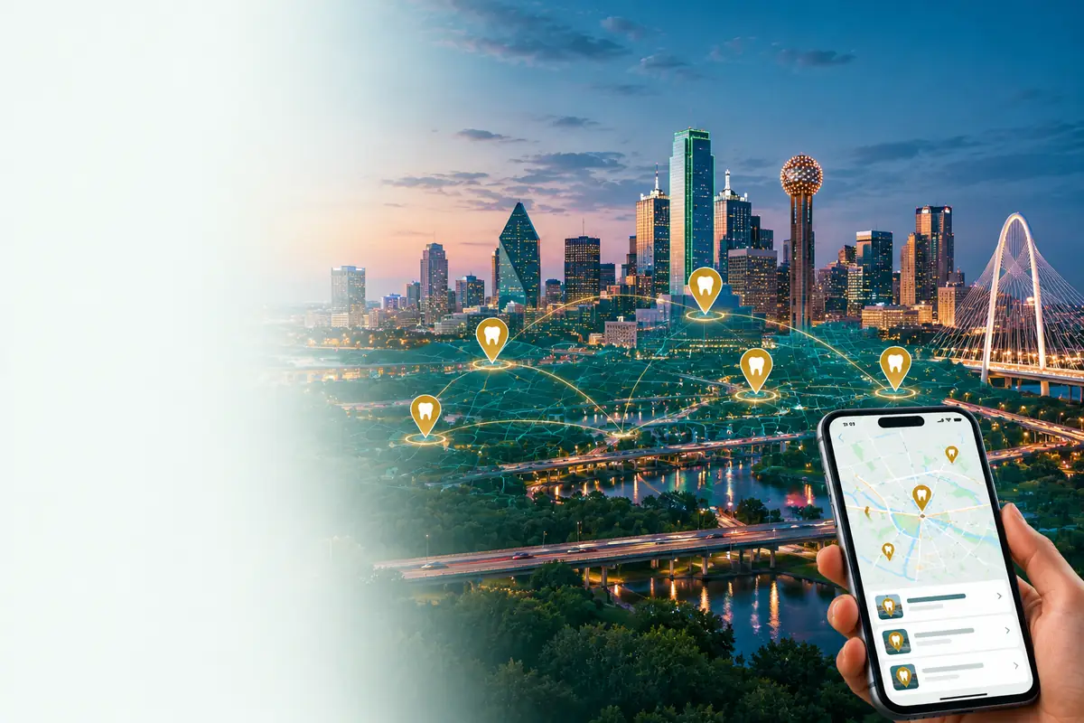 Dallas skyline with map pins marking dental practices: dental marketing in Dallas