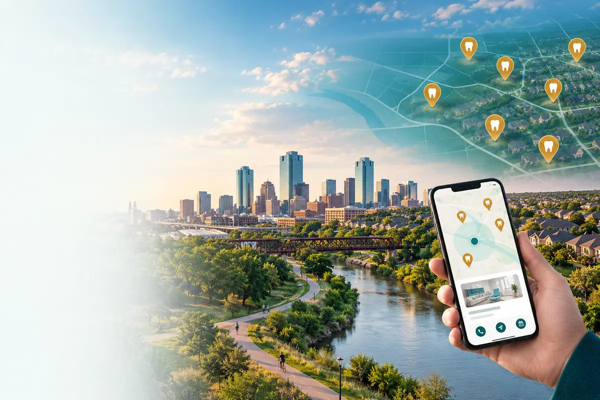 Fort Worth skyline with map pins marking dental practices: dental marketing in Fort Worth