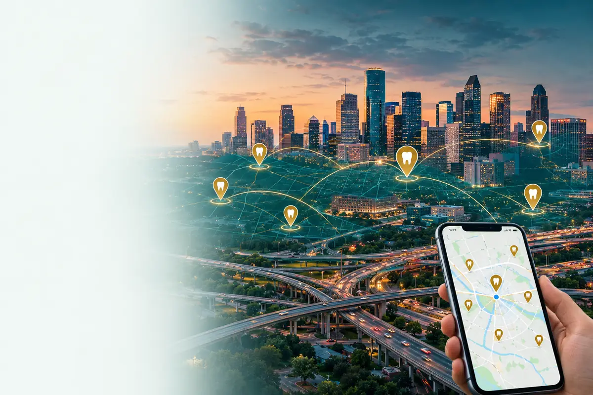 Houston skyline with map pins marking dental practices: dental marketing in Houston