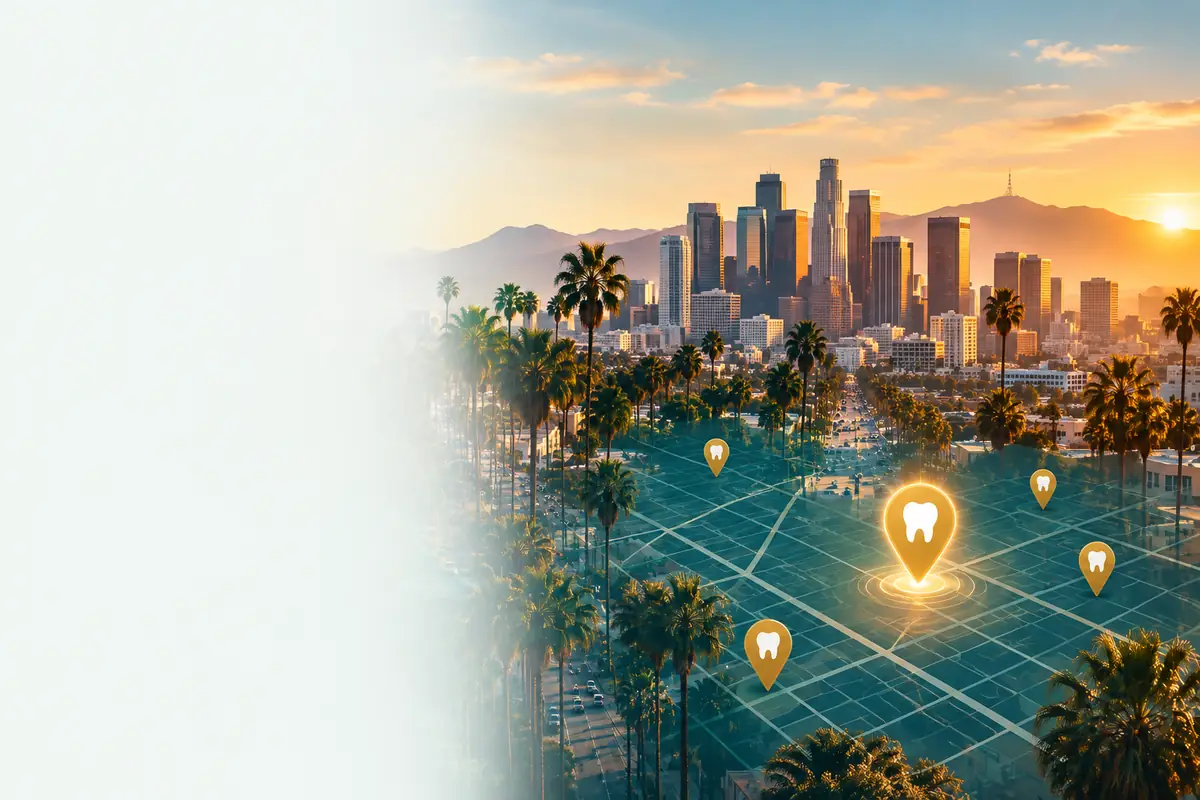 Los Angeles skyline with map pins marking dental practices: dental marketing in Los Angeles