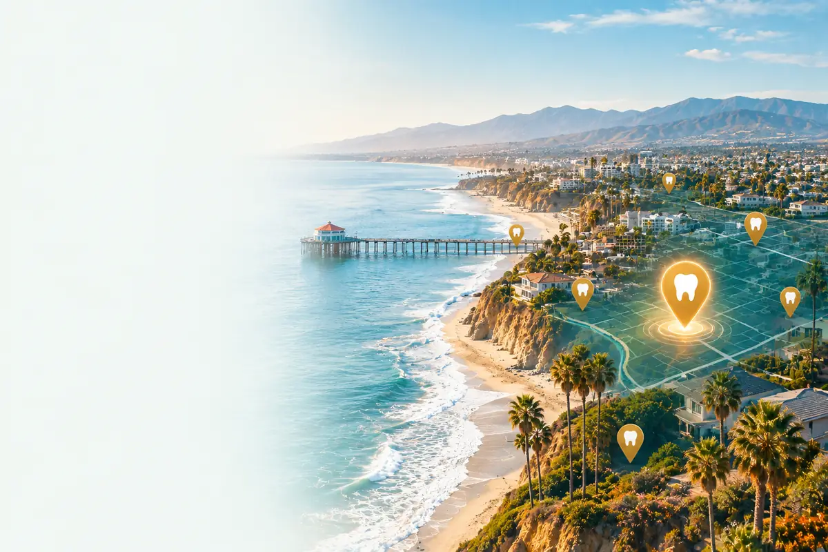 Orange County coastline with map pins marking dental practices: dental marketing in Orange County