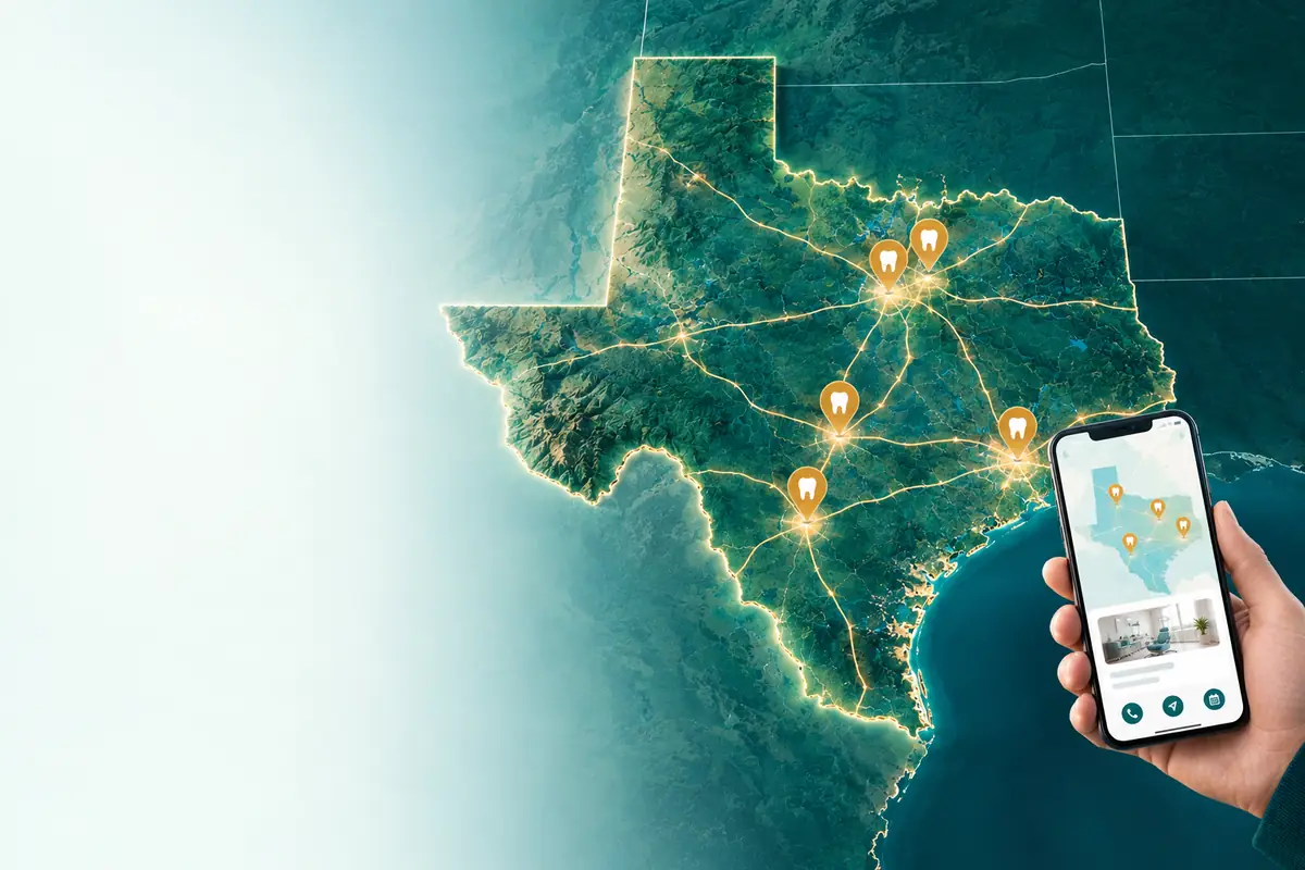 Texas cities with map pins marking dental practices: dental marketing in Texas